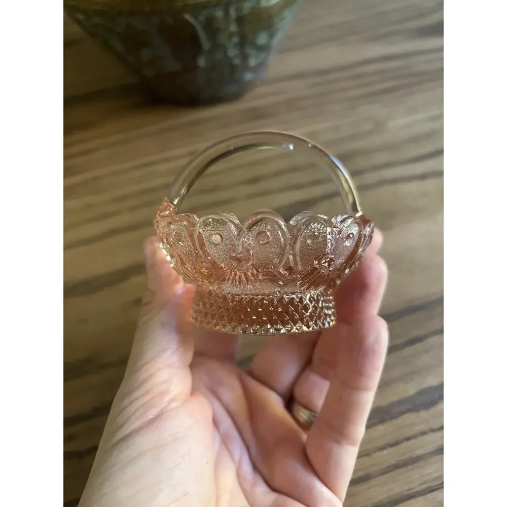 Vintage Pink Depression Glass Basket Small 3” Diameter Floral Glass Mini Basket